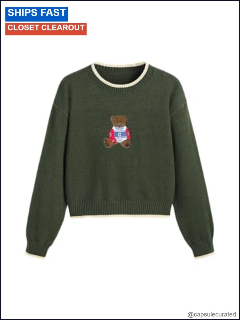 Women's Bear Graphic Crewneck Pullover Sweater Long Sleeve Cropped Knit